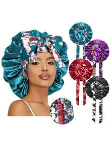 1件装女士印花丝滑缎面睡帽，休闲舒适，可作睡帽或头巾使用（印花图案随机） - 紅色NPSM14 - 查看 9