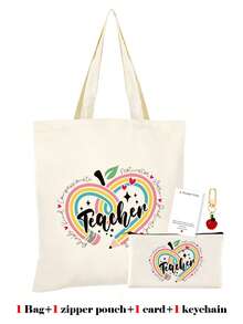 10/5/4/2pcs/1pc/Set Teacher Themed Canvas Tote Bag, Shopping Bag, Zipper Pouch, Appreciation Card, Apple Keychain Canvas Gift Set, Suitable For Back To School, Graduation, Teacher's Day, Multi-Purpose Shopping Bag, Book Bag, Stationery Pouch Set, Portable For SPA, Party, Gym, Travel, Cosmetic Organizer - Beige - View 52