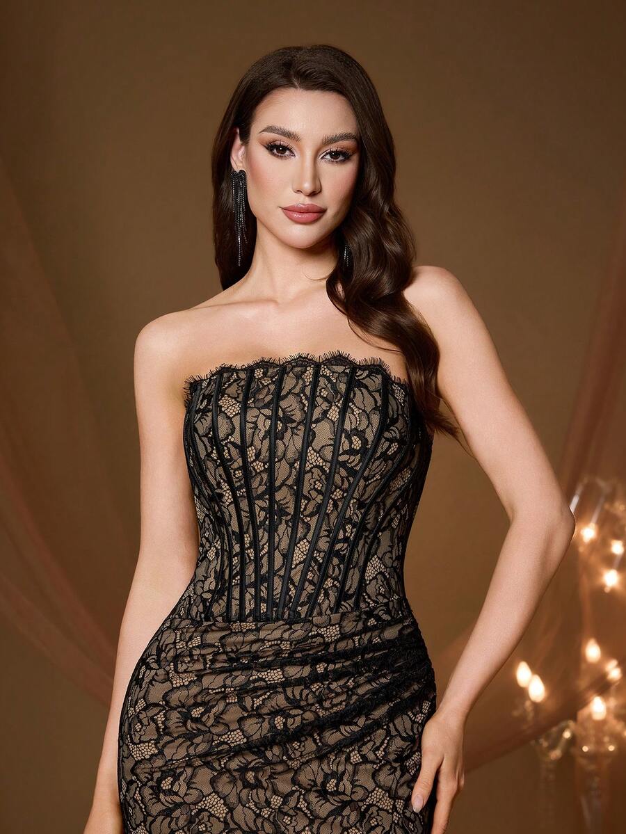 Đầm phù dâu không dây vai bằng ren thanh lịch mới với viền xếp ly và dây buộc ren, xẻ tà cao, phù hợp cho dạ hội, đám cưới, tiệc tùng, khách dự đám cưới, váy dạ hội mùa xuân. - màu đen - Xem 1