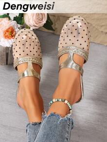Random Asymmetric Dot Print Floral Pattern Splice T-Strap Flat Round Toe Comfortable Versatile Vacation Casual Daily Fashion Women Sandals - Gold - View 7