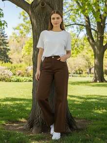 Women's Wide Leg Jeans, High Waist, 100% Premium Cotton, Available For All Seasons - 咖啡棕 - 查看 3