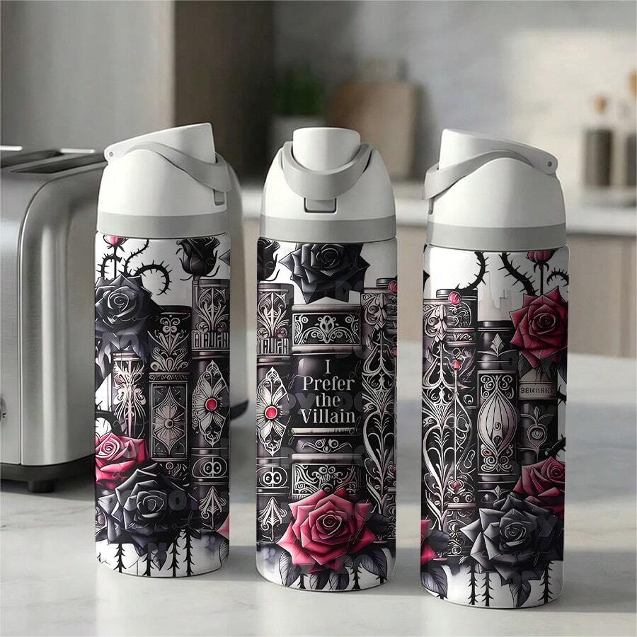 [Local Warehouse] 1 Pc 24oz Insulated Stainless Steel Water Bottle, Vintage Stack Of Books Art With Thorny Roses, Emo Dark Academia Style For Readers, Artistic Floral Graphic Drinkware For Women, Unique Valentines Day Gifts. - 1PC - 查看 1