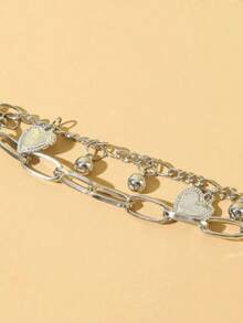 1pc Silver Double Heart Charm Bracelet For Women Girls  Jewelry Gift With Adjustable Chain Elegant Design Heart-Shaped Pendants Fine Accessories FKRV - Bạc - Xem 2