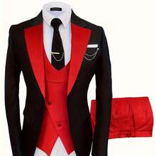 Formal 3 Pieces Set, Men's One Button Jacket & Slanted Lapel Vest & Pants Suit Set For Business Dinner Wedding Party -  For Men - Suitable For Formal Occasions - Perfect Gift For Business Professionals - Red - View 1