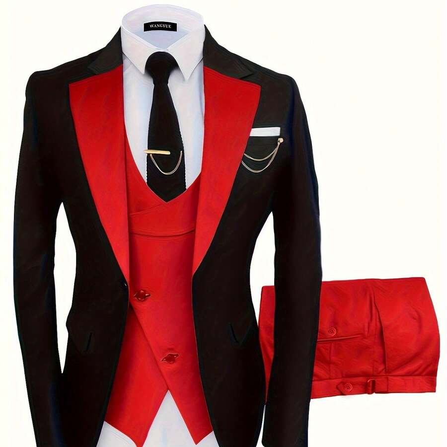 Formal 3 Pieces Set, Men's One Button Jacket & Slanted Lapel Vest & Pants Suit Set For Business Dinner Wedding Party - For Men - Suitable For Formal Occasions - Perfect Gift For Business Professionals - Red - View 1