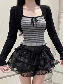 2pcs Contrast Stripe Camisole With Bow Accent & Cardigan Sweater Set, Spring/Summer - Dark Grey - View 6