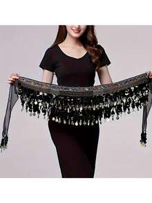 1pc Sequin Fringe Waist Skirt, Belly Dance Hip Scarf With Copper Coins & Rhinestones, Dance Skirt - Multicolor - View 13