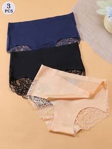 3pcs/Set Celana Dalam Wanita Seksi Warna Polos dengan Hiasan Renda dan Bahan Sutra Warna Es - MultiWarna - View 3