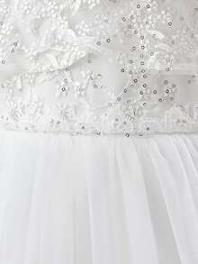 少女圆领仿亮片刺绣蕾丝亮片网纱优雅婚礼花童伴娘礼服，适合生日派对、舞会、晚宴等场合，不含头饰 - 白色 - 查看 8