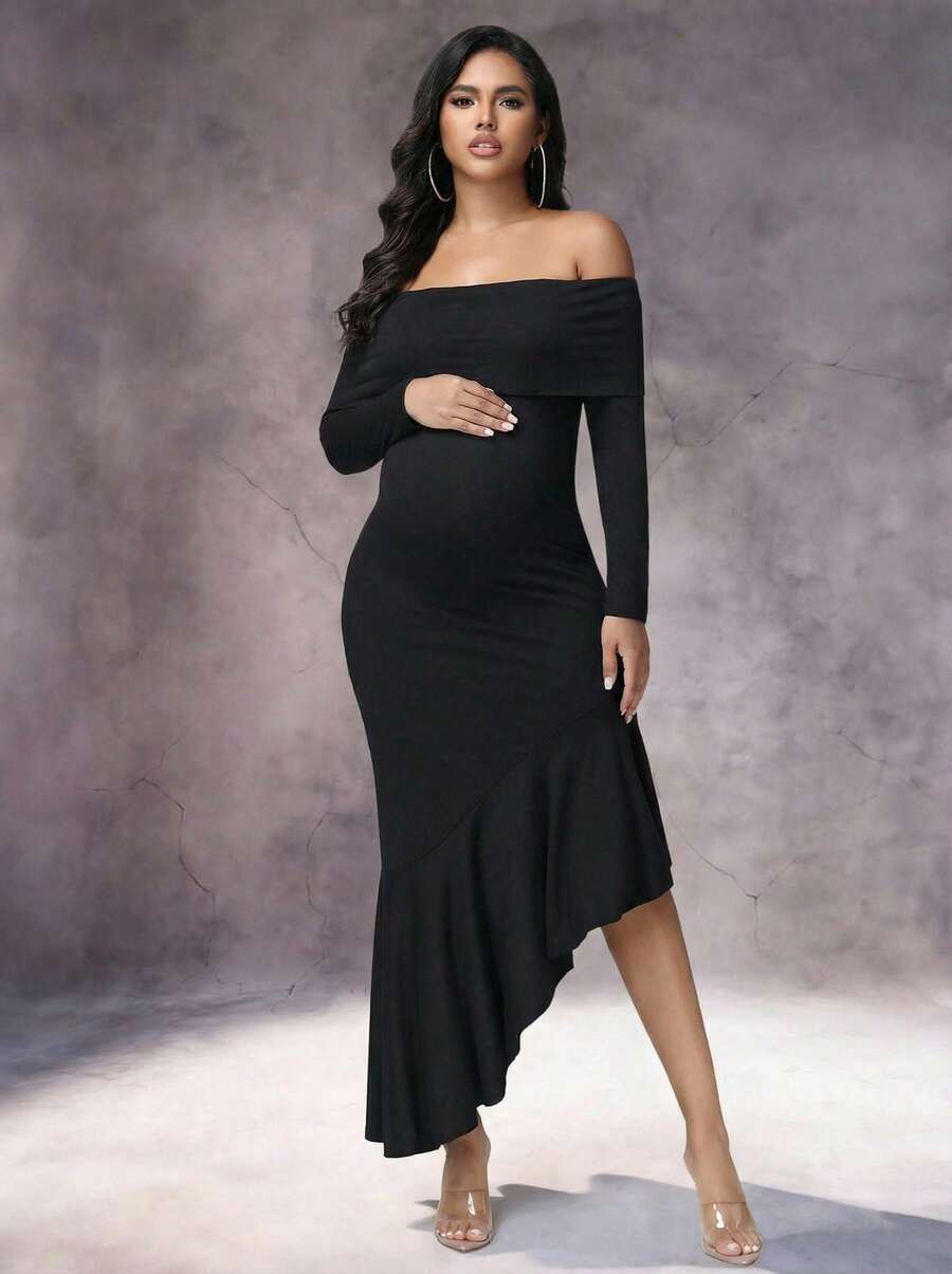 Irresista Maternity Bohemia Off-Shoulder Long Sleeves Dress Asymmetric Ruffle Hem Bodycon Maxi Dress For Baby Shower Photoshoot Party - Black - View 1