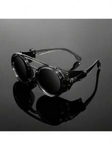 防风蒸汽朋克风格复古圆形时尚眼镜，男女皆宜，配有皮革侧翼，适合骑行、摩托车骑行和其他户外活动（不含眼镜盒），是夏季海滩度假和户外旅行的必备单品。 - 黑色 - 查看 7