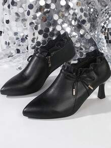女士时尚蝴蝶结尖头侧拉链系带粗跟高跟鞋，百搭春秋鞋 - 黑色 - 查看 3