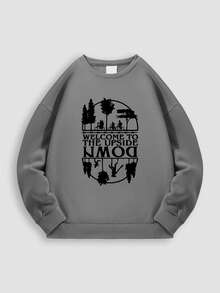 Damska bluza z odkrytymi ramionami, bawełniana bluza, nadruk z symetrycznym lasem i motywem odwróconego świata, bluza z kapturem w kolorze biało-szarym, z okrągłym dekoltem, podszyta polarem, luźna bluza z okrągłym dekoltem w dużym rozmiarze na wiosnę/jesień. - Szary - Zobacz 2