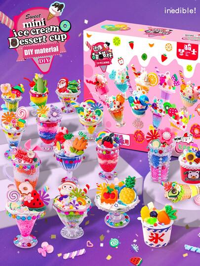 3/6/12 杯奶油糖甜杯套装 - 迷你儿童 DIY 甜点杯、冰淇淋杯史莱姆玩具套装，包含奶油糖、食物模型杯、雪花泥和配件，儿童生日礼物，男孩女孩派对必备，手工套装，珍珠奶茶，复活节礼物，儿童派对必备