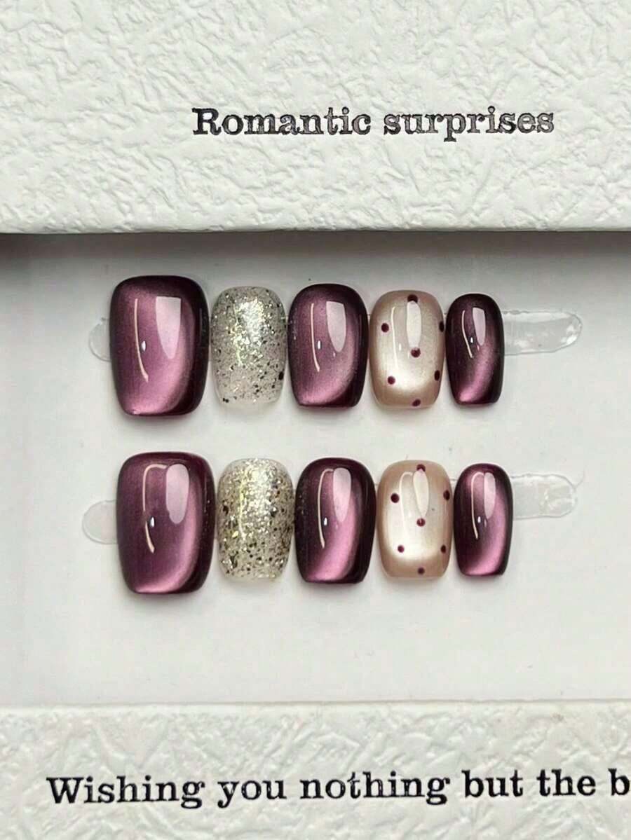 10pcs Handmade Nails Oval Square Nails Acrylic Press On Nails Short Medium, Minimalism Purple Nails, Flashy Cateye, Glitter Powder Handpainted Polka Dots Pattern, Simple Elegant Luxury Handcrafted Nails Autumn Nails, Fall Press On Nails, Cute Aesthetic, Versatile Nails DIY False Nail Art Party Daily & Dating Use Beach Tropical Getaway Suitable Reusable, For Women & Girls As Gift Nail Supplies(Random Delivery) - 隨機 - 查看 1