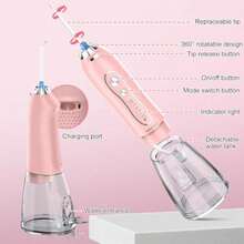 irrigador oral sin cable flosser de agua para dientes, 5 modos y 6 chorros, hilo dental USB-C de 300 ml, para cuidado de soporte, viajes y uso en el hogar - Rosa - Ver 4