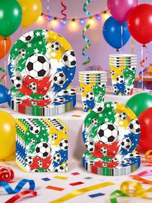 10件套足球主题派对用品，包括纸盘、餐巾纸、纸杯、派对小礼物、餐盘和甜点盘，适合男孩足球主题生日派对装饰。 - 彩色 - 查看 7