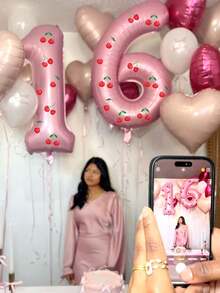 2个40英寸粉色0-9数字气球+樱桃贴纸，适合生日派对、樱桃主题、家居装饰 - 彩色 - 查看 2