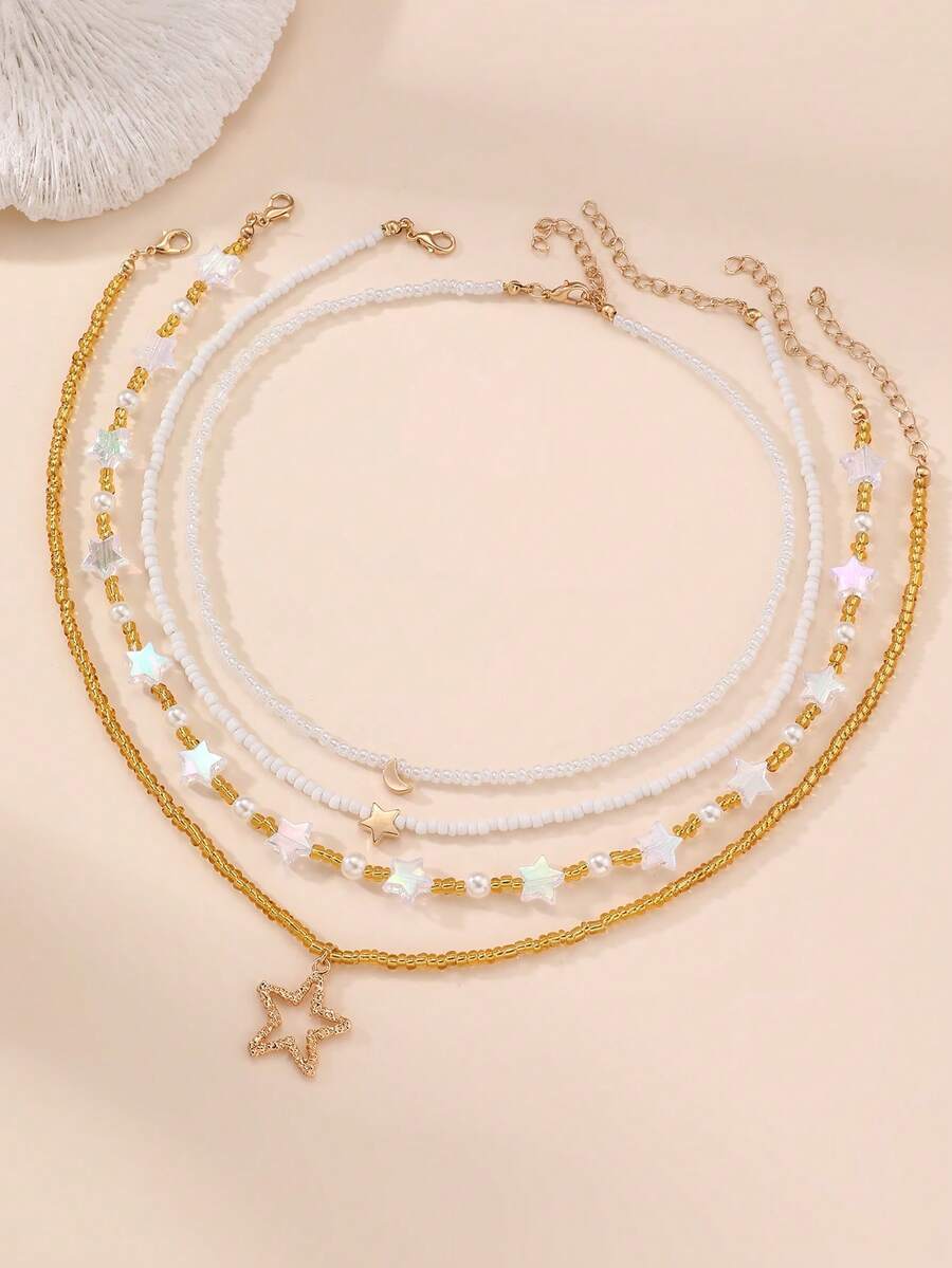 Bộ 4 chiếc vòng cổ hạt cườm hình trái tim, mặt trăng, ngôi sao năm cánh dành cho bé gái, thích hợp để trang trí hàng ngày. - Nhiều màu - Xem 1