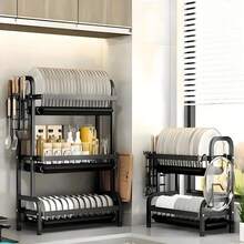 Three-Tier, Large-Capacity Drain Rack, Dish Rack Kitchen Essentials, Sturdy And Durable, Suitable For Kitchen Decor, Organizer Storage, And Kitchen Storage. It Can Hold Dishes, Cutlery, Spoons, Chopsticks, Cups, Coffee Cups, And Other Tableware - 黑色 - 查看 2