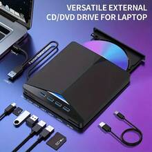 7-In-1 Multifunctional USB-C Portable CD/DVD +/ External Player/Reader/Writer, DVD Burner, USB 3.0 Hub - Compatible With Laptops, Desktops, All-In-One Computers - 黑色 - 查看 7