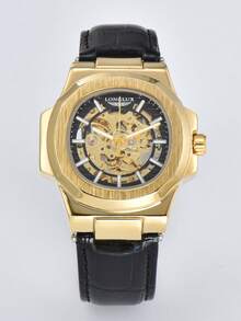 1pc Men's Double-Sided Hollow Automatic Mechanical Waterproof Leather Band Watch, Classic & Elegant - Black - View 8
