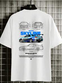 Camiseta Masculina Carros Nissan Skyline R34 GTR Branco e Preto Camisa 100% Algodão - Branco - Visão 1