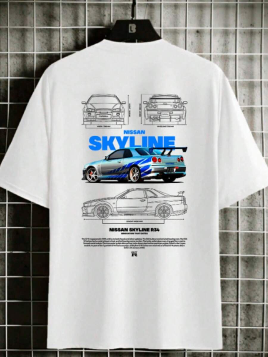 Camiseta Masculina Carros Nissan Skyline R34 GTR Branco e Preto Camisa 100% Algodão - Branco - Visão 1