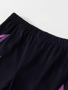 少女休闲简约可爱卡通韩流印花短袖圆领T恤和印花喇叭裤套装，紫色 - 彩色 - 查看 5