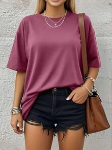 Speed mate Plus Size Women Loose Fit Round Neck Short Sleeve T-Shirt, Y2K Summer Casual Basic Tee - Pink - View 4