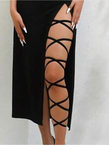 1pcs Sexy Crisscross Elastic Strap Multilayer Leg Garter Halloween Lace Thigh Garter Set With Elegant Bow Decor Stretchy Leg Band Suitable For Party Props And Bridal Leg Jewelry - 黑色的 - 查看 3