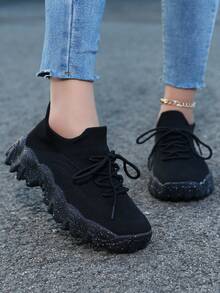 Extra Wide Width Sneakers For Women, Black Platform Knit Shoes With Artistic Sole & Anklet - 黑色 - 查看 3