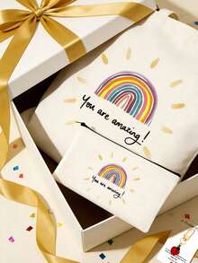 1件/2件/4件套，大容量教师主题帆布手提袋和便携式拉链铅笔盒收纳袋套装，附赠感谢卡和苹果钥匙扣帆布组合套装，返校季、毕业季、教师节必备礼物，多功能购物袋、书包、文具袋套装 - 米色 - 查看 3