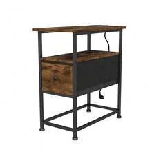 Table de chevet avec fonction de chargement 60 x 30 x 62 cm, table d'appoint avec tiroir, table basse 3 niveaux avec étagère ouverte, gain de place et facile à monter, commode pour chambre ou salon, blanc/noir/marron - Tabac - Voir 11