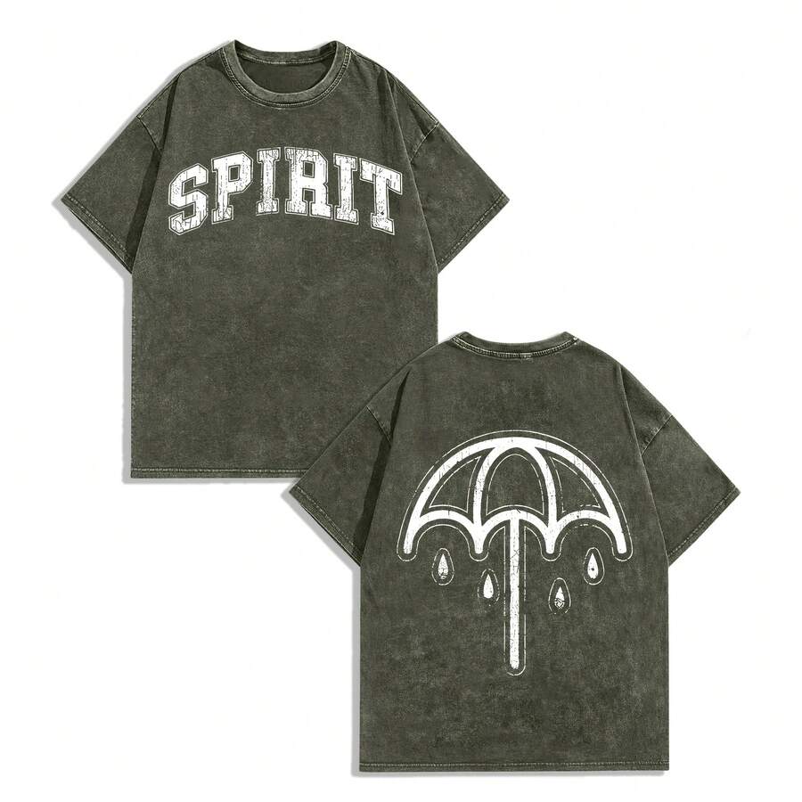 EWH Men's T-Shirt Y2K "Bring Me The Horizon Spirit Umbrella" Vintage Washed Purple Graphic Tee, 230g 100% Cotton Oversized Shirt For Streetwear & Metalcore Fans 004-AB - 軍綠色 - 查看 1