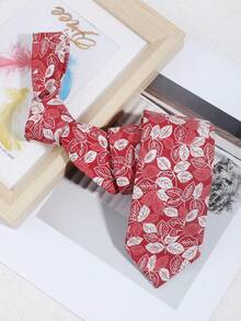 1pc Fashionable Men's Leaf Pattern Tie, Versatile For Daily, Commute, Outing, Party Matching - Red - View 4