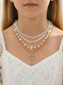 Bộ 4 chiếc vòng cổ hạt cườm hình trái tim, mặt trăng, ngôi sao năm cánh dành cho bé gái, thích hợp để trang trí hàng ngày. - Nhiều màu - Xem 2