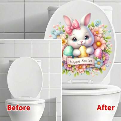 1 miếng dán bồn cầu hình thỏ Phục Sinh bằng gốm sứ - Hình dán tường phòng tắm tự dính, hình vuông bán bóng, trang trí tường dùng một lần cho dịp lễ, thích hợp cho gia đình.
