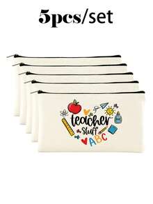 10/5/4/2pcs/1pc/Set Teacher Themed Canvas Tote Bag, Shopping Bag, Zipper Pouch, Appreciation Card, Apple Keychain Canvas Gift Set, Suitable For Back To School, Graduation, Teacher's Day, Multi-Purpose Shopping Bag, Book Bag, Stationery Pouch Set, Portable For SPA, Party, Gym, Travel, Cosmetic Organizer - Beige - View 17