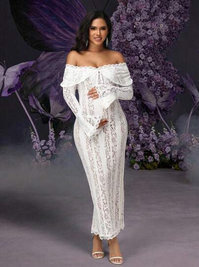 Irresista Maternity Elegant Lace Off Shoulder Flare Sleeve Dress Pregnant Women Bodycon Gown Evening Dress For Baby Shower, Photoshoot, Party