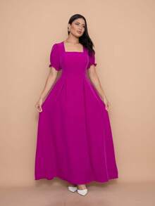 Helena Long Dress, Plain Crepe Fabric, Elasticated Back, Short Sleeves. - Màu Hoa hồng đỏ - Xem 1