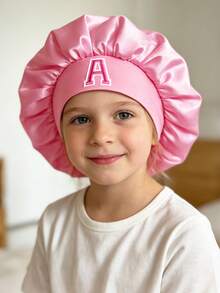 1顶女童粉色字母图案睡帽，26个字母可定制，适合作为生日和节日礼物，时尚精致轻盈柔软，是日常休息、睡眠和护发的理想之选 - 粉色 - 查看 3