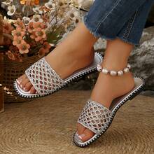 女士新款镂空编织平底拖鞋，简约百搭透气舒适休闲通勤凉鞋 - 銀色 - 查看 5