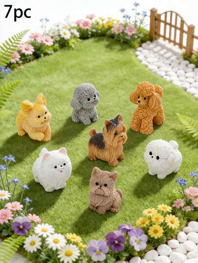 7 st mini-hundfigurer i harts, mikro-landskapsdekorationer, lämpliga för sovrum, skrivbord, kontorsdekoration, mjuk och söt design ger en helande atmosfär, må du vara omgiven av bedårande och njuta av livets enkla glädjeämnen