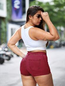 Women's Mid Rise High Stretch Denim Shorts - Light Blue Washed Slim Fit Butt Lifting Hot Pants, American Retro Y2K Style For Daily Wear & Music Festival - Màu Đỏ Sâu - Xem 7