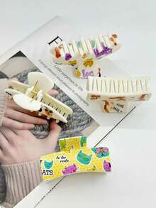 1个/3个/8个 花卉印花休闲ABS塑料卡通猫咪造型发夹，可爱小猫咪发爪，适合盘发 - 彩色 - 查看 5