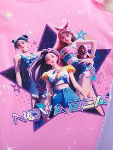 2pcs/Set Young Girl Short Cap Sleeve Round Neck Straight Dress, Fashionable Cartoon Character Print, Casual & Versatile Girls Clothing - Multicolor - View 4