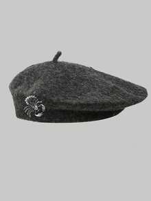 1pc Men's Beret Hat With Rhinestones, Scorpion & Pumpkin Design, Casual Warm Wool Felt Hat, High-End Niche Design, Retro Style, Detachable, Suitable For Autumn/Winter - one-size - View 7