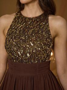 Mgiacy New Arrival Round Neck Halter Fancy Evening Gown Dress Sequin Ruched High Slit Chiffon Long Dress - Brown - View 8