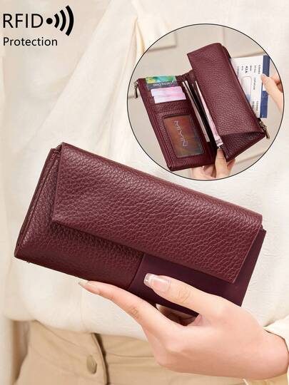 MIYIN Women's Long Soft PU Leather Wallet, Multi-Functional Multi-Layer Design, Elegant Patchwork Magnetic Snap Closure, Multi-Card Slots Clutch Purse, Dual Zipper Coin Pouch ID Card Holder, Lightweight Tri-Fold Practical Handbag, Suitable For Party, Date, Holiday Gift